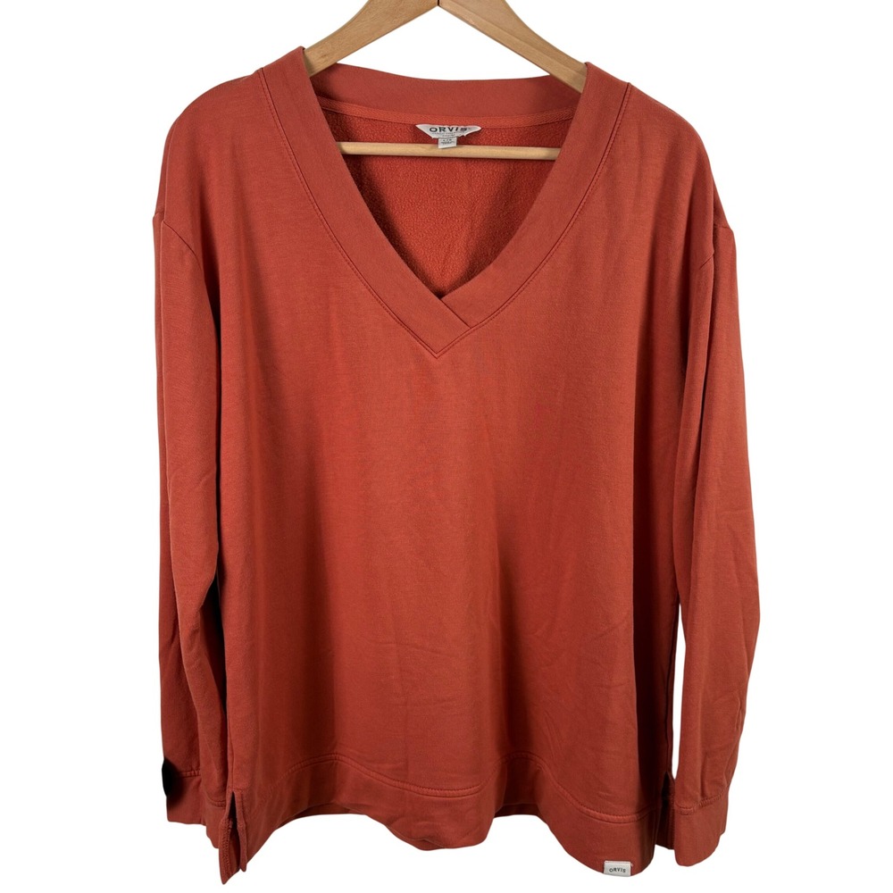 Orvis V-Neck Long-Sleeve‎ Sweatshirt Pullover Coral Orange Women's Size L Cozy